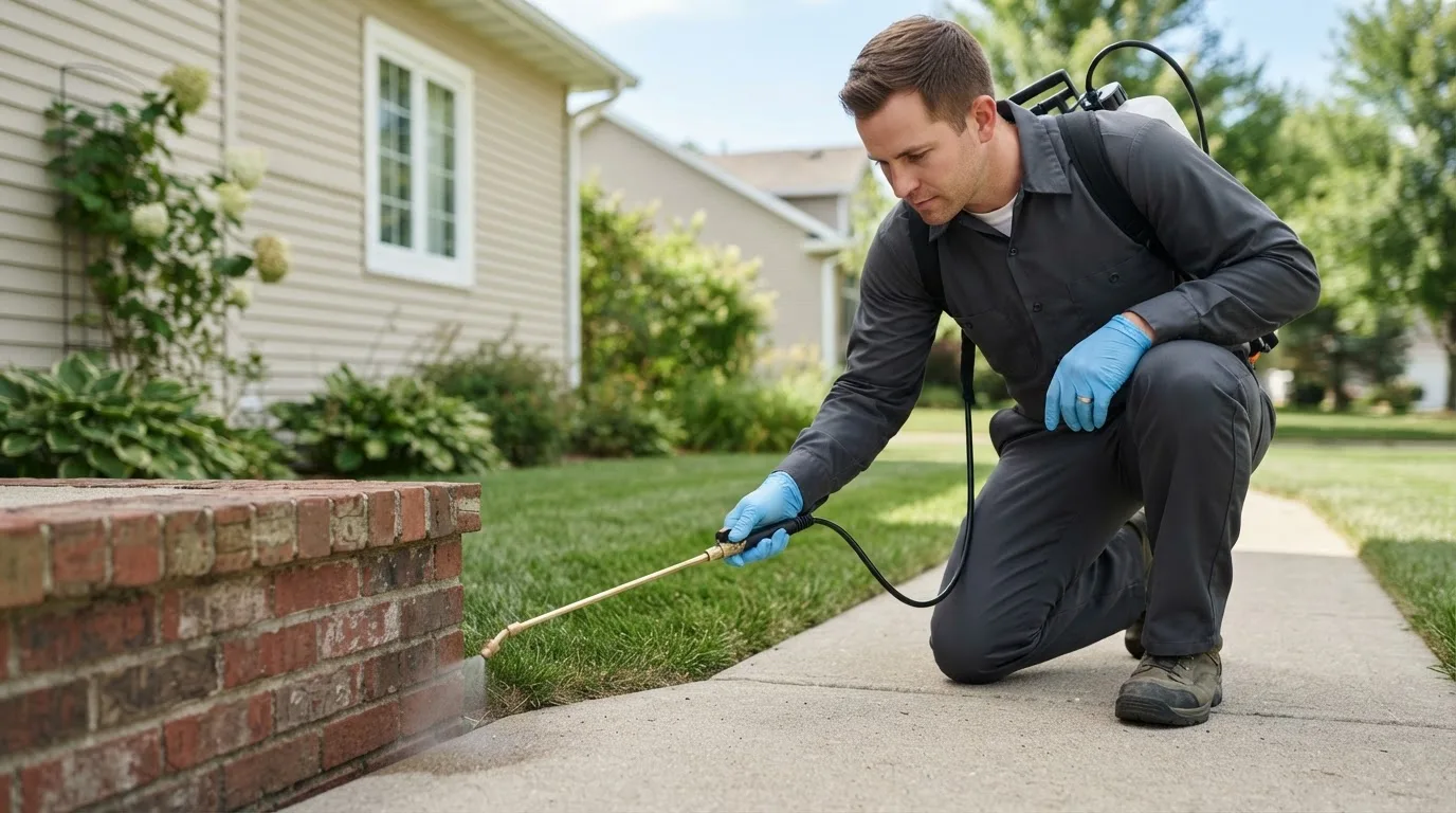 Pest control technician treating a home near Beaver Falls, NY
